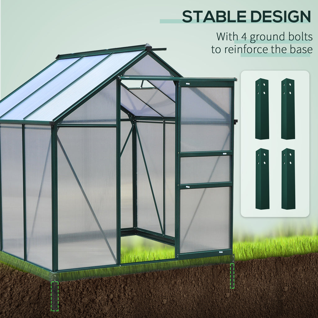 Walk In Greenhouse 6 X 6 X 7 Aluminum Polycarbonate Portable Garden Greenhouse With Rooftop Vent   UV-Resistant Walls Dark Green
