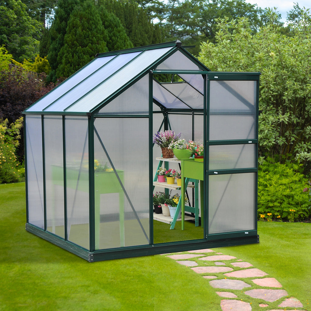 Walk In Greenhouse 6 X 6 X 7 Aluminum Polycarbonate Portable Garden Greenhouse With Rooftop Vent   UV-Resistant Walls Dark Green