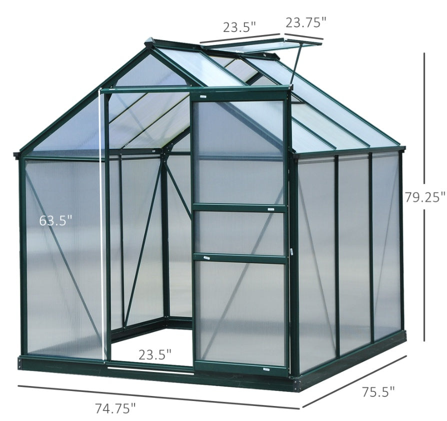 Walk In Greenhouse 6 X 6 X 7 Aluminum Polycarbonate Portable Garden Greenhouse With Rooftop Vent   UV-Resistant Walls Dark Green